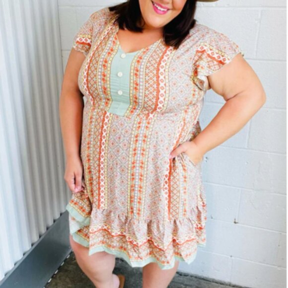 HAPTICS Sage Boho Floral Button Detail V Neck Ruffle Dress 3X - Picture 3 of 5